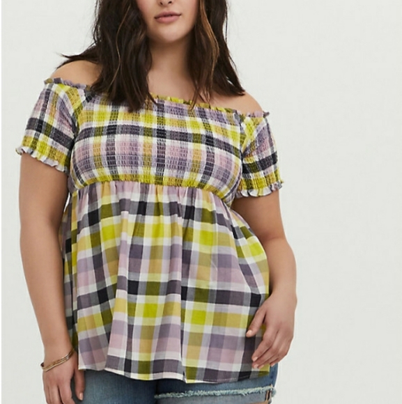 torrid Tops - NWT Multi Plaid Smocked Off-Shoulder Peplum Top